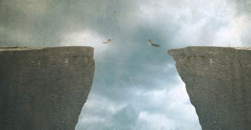 Create a Conceptual Image of a Couple Jumping from High Cliffs